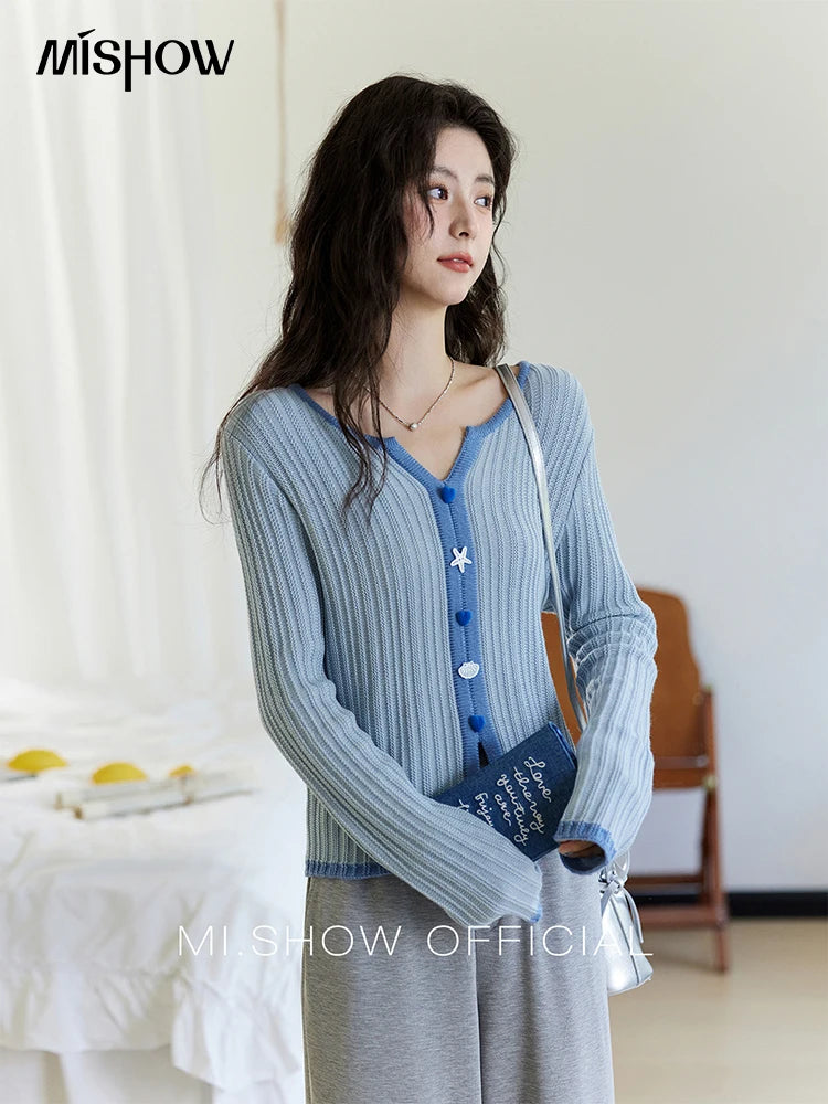 MISHOW Wool Blend Blue Contrasting Knitted Top 2025 Spring Slim Fit Base Sweater Women V Neck Shell Button Sweet Tops MXE14Z1184