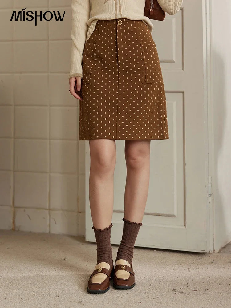 MISHOW French Polka Dot Skirt Women 2024 Winter American Retro High Waist A-line Skirt Symmetrical Side Pockets Skirt MXD34B0576