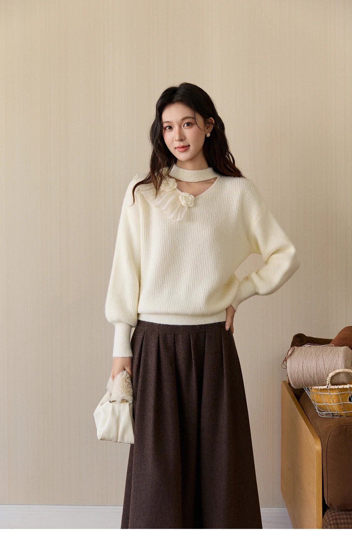 MISHOW Women's Cutout Neck Knitted Sweater 2025 Winter Ruffle Flower Decor Dropped Lantern Sleeves Pullover Tops MXE94Z2982
