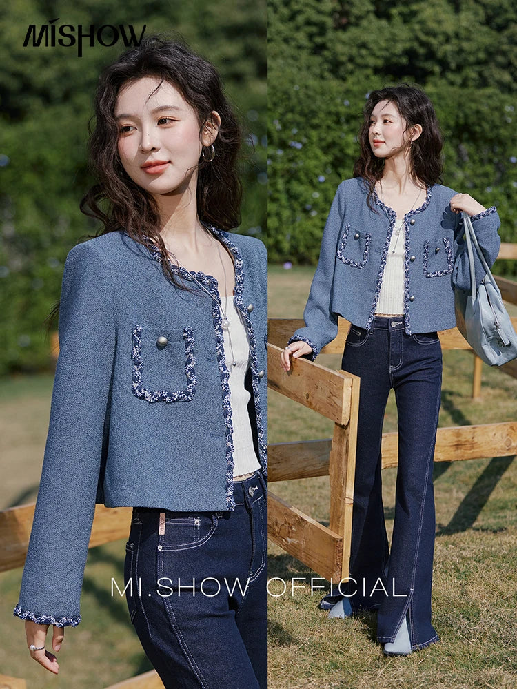 MISHOW Retro Fragrant Style Jacket for Women Spring 2025 Shoulder Pads Coarse Tweed Splicing Ribbon Blue Suit Coats MXE13W0705