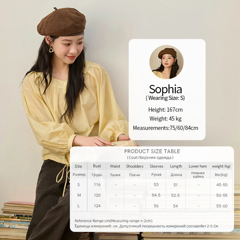 MISHOW Light Yellow Pleated Shirt 2025 Autumn Drawstring Hem Lantern Sleeve Top O-neck Cotton Blend Casual Shirts MXE45X2490