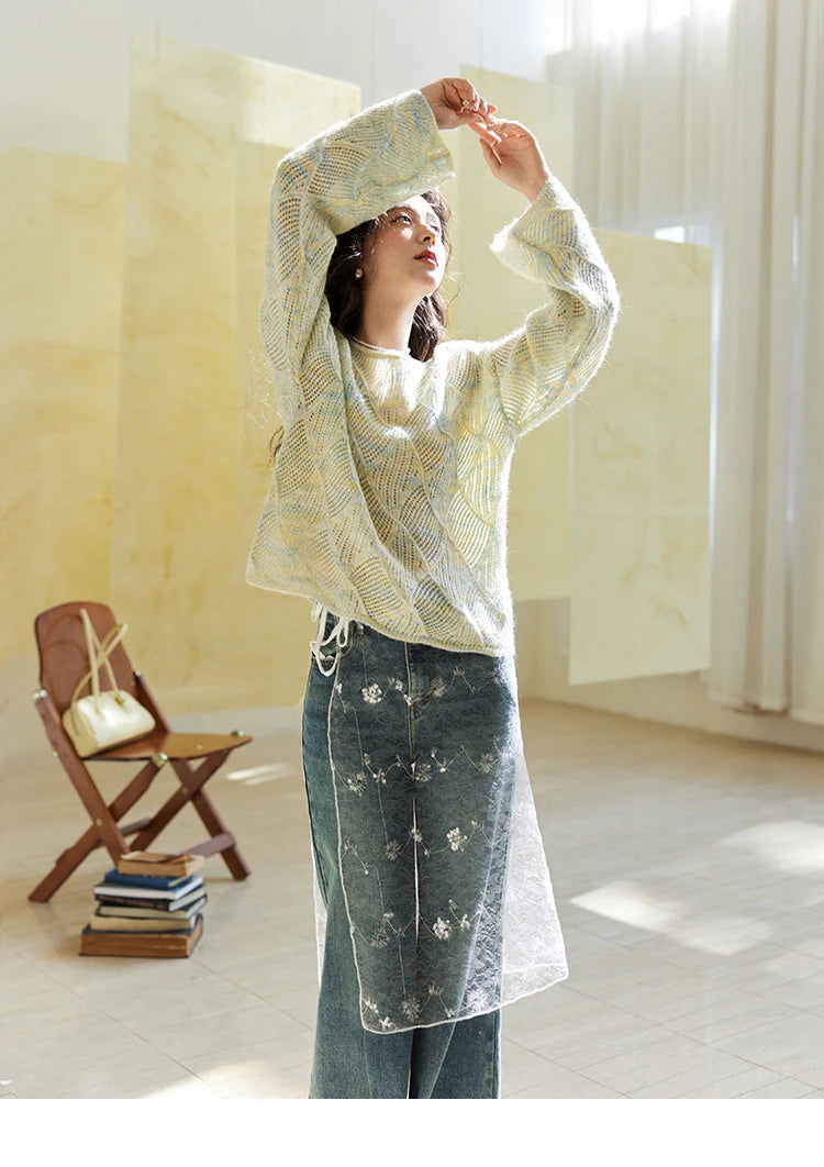 MISHOW Women's Hollow Knitted Sweater 2025 Spring Loose Thin Dropped Shoulder Top Wool O Neck Hem Wavy Edge Sweaters MXE14Z1208