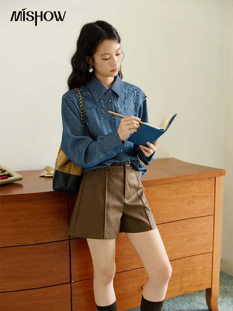 MISHOW Women's Blue Shirt Autumn 2025 Hollowed Out Patchwork Embroidery Tops Imitation Denim Fabric Loose Retro Shirt MXE46C2410