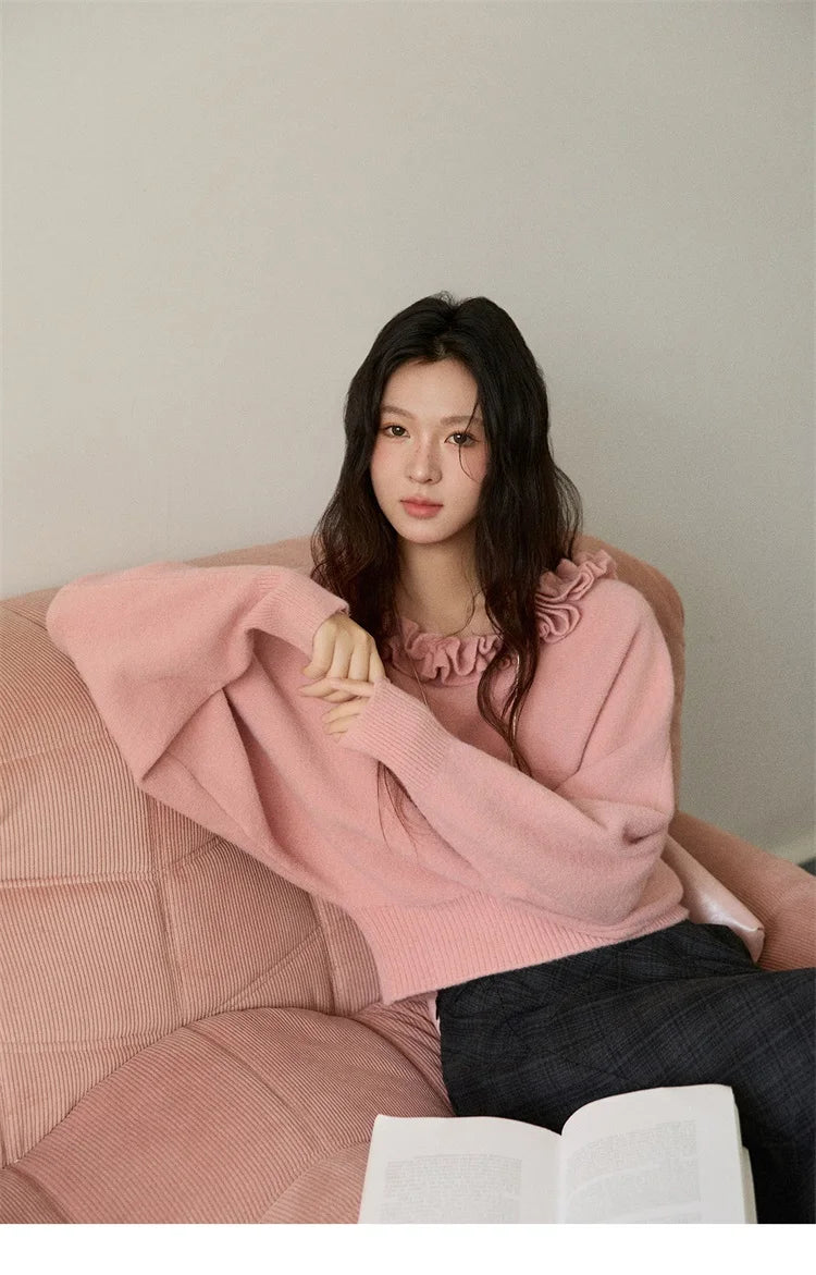 MISHOW Pullovers Women 2025 French Style Orange Lotus Edge Crew Neck Lantern Sleeves Top Slim Luxury Women's Sweaters MXE86Z2726