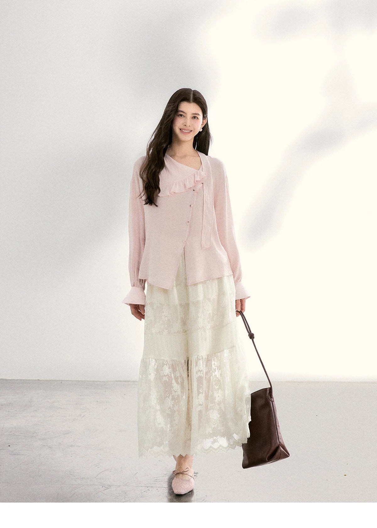 MISHOW Women's Pink Elegant Blouse 2026 Spring Asymmetrical Ruffled Collar Button Shirts Puff Sleeve Casual Loose Top MXF11X2520