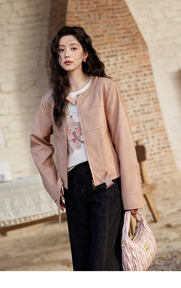 MISHOW Fashion Pink Leather Jacket Women's Spring 2025 New Shoulder Long Sleeved Slim Fit Leisure Tops Coat Female MXE11W0714
