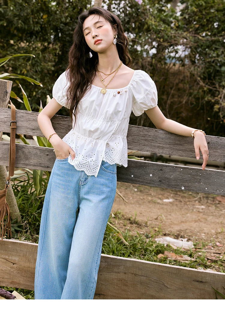 MISHOW French Summer Casual Blouses 2025 Solid Short Puff Sleeve Hem Hollow Cotton Tops Loose Collar Beading Blouse MXE33X1776