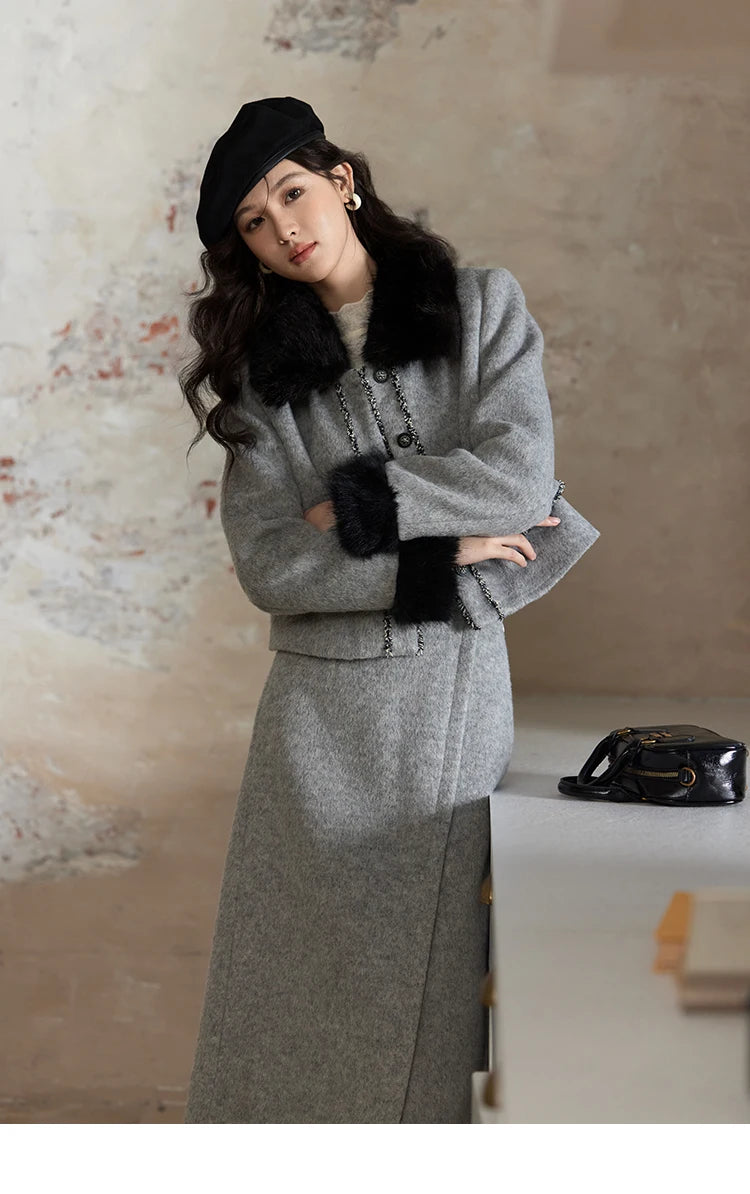 MISHOW Short Tweed Jacket Temperament Midi Skirts Separately Color Clash Lace Design Winter Skirt Thickened Coat MXD54W0553