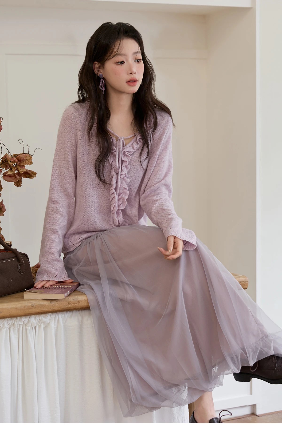 MISHOW Women Long Sleeve Tees 2025 Autumn New V-neck Wood Ear Hollow Out Knitted Sweater Women's Beige Wool Top MXE51Z2595