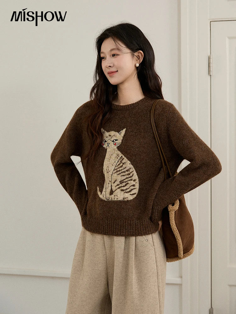 MISHOW Women's Brown Knitted Sweater 2025 Autumn Winter Cat Pattern Jacquard Crew Neck Sweaters Loose Pullover Tops MXE94Z2991