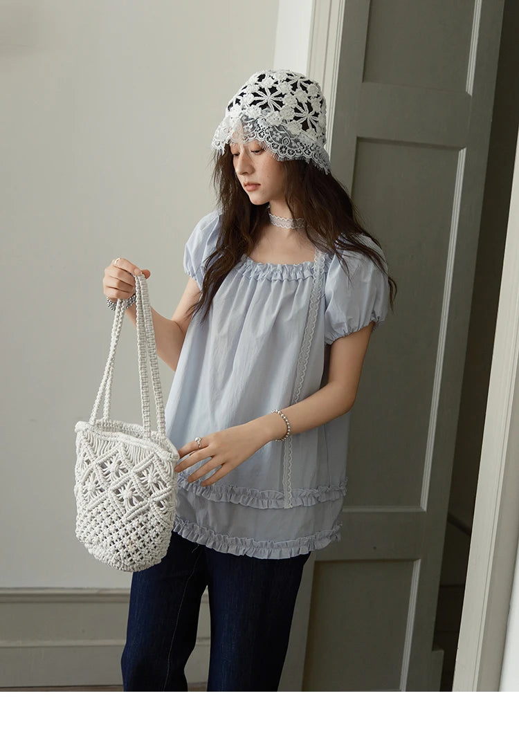 MISHOW Women's Fashion Puff Sleeve Blouse 2025 Summer Casual O-Neck Edible Tree Fungus Spliced Top Female Clothing MXE39X1929