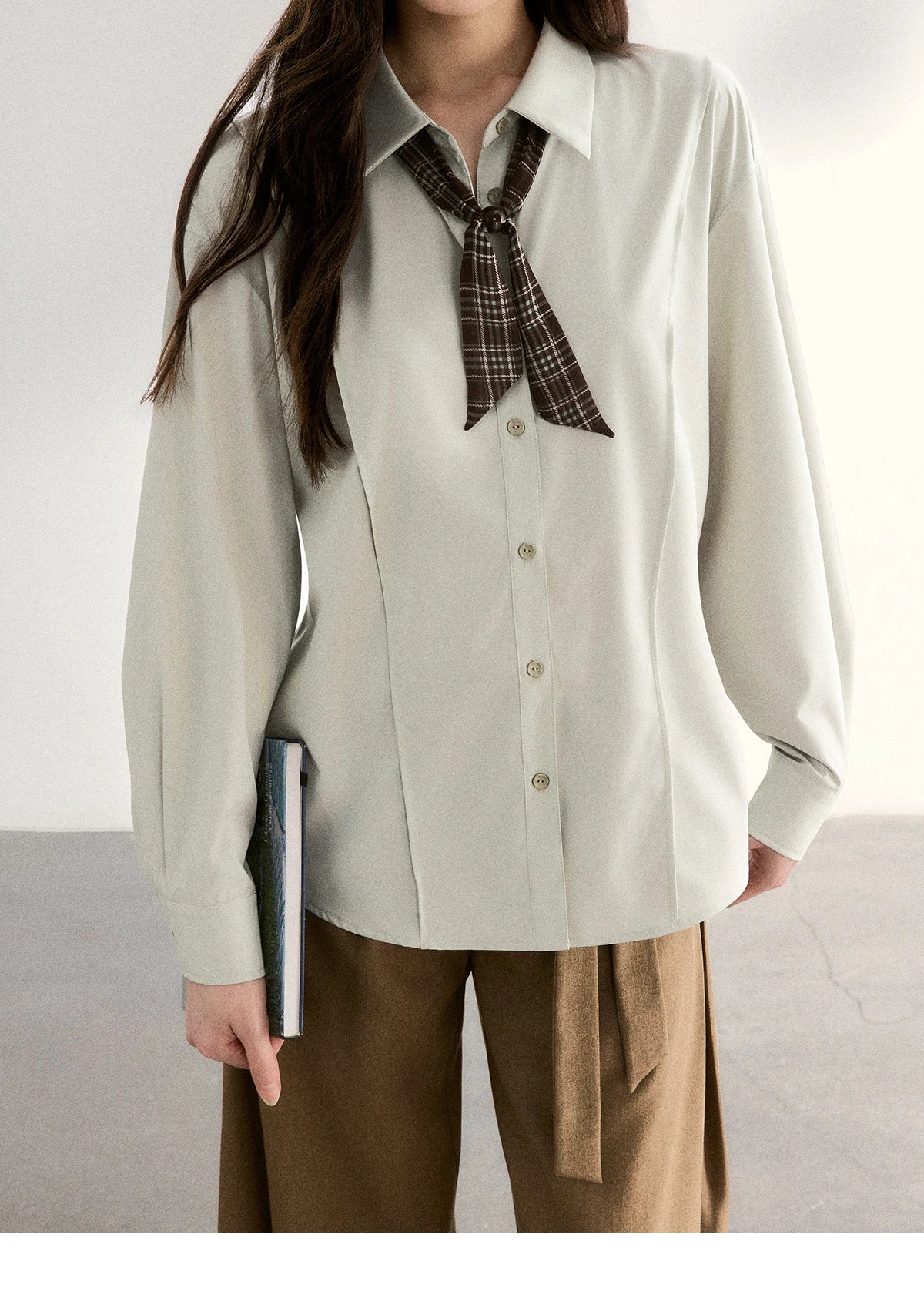 MISHOW Women's Casual Loose Shirt with Plaid Scarf 2026 Spring Lapel Tops Versatile Long Sleeve Shirts Office Lady MXF108C0815