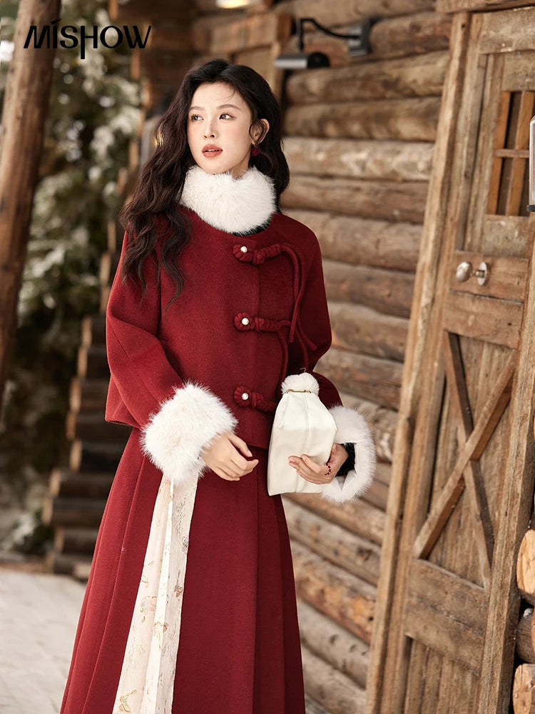 MISHOW Tweed Jacket Midi Skirts Separately Removable Fur Collar Frog Short Coat Cotton Clip A-LINE Pleated Skirt MXD59W0609