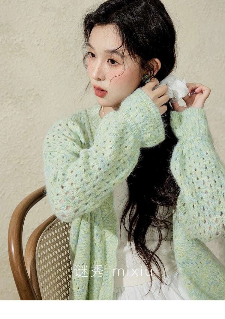 MISHOW Green Knitted Cardigan for Women Spring 2025 Loose Hollow Out Wave Neck Commuting Slim Open Stitch Cardigan MXE12Z1212