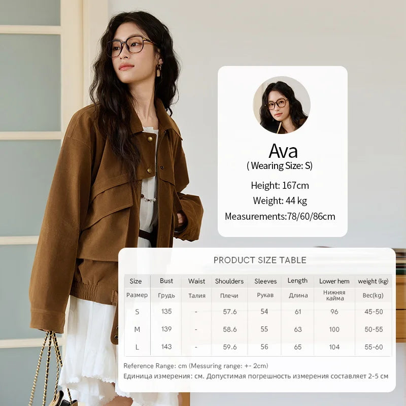 MISHOW Suede Retro Brown Jacket for Women Autumn Winter 2025 Pocket Zipper Loose Coats Lapel Wide-waisted Casual Coat MXE46W0866