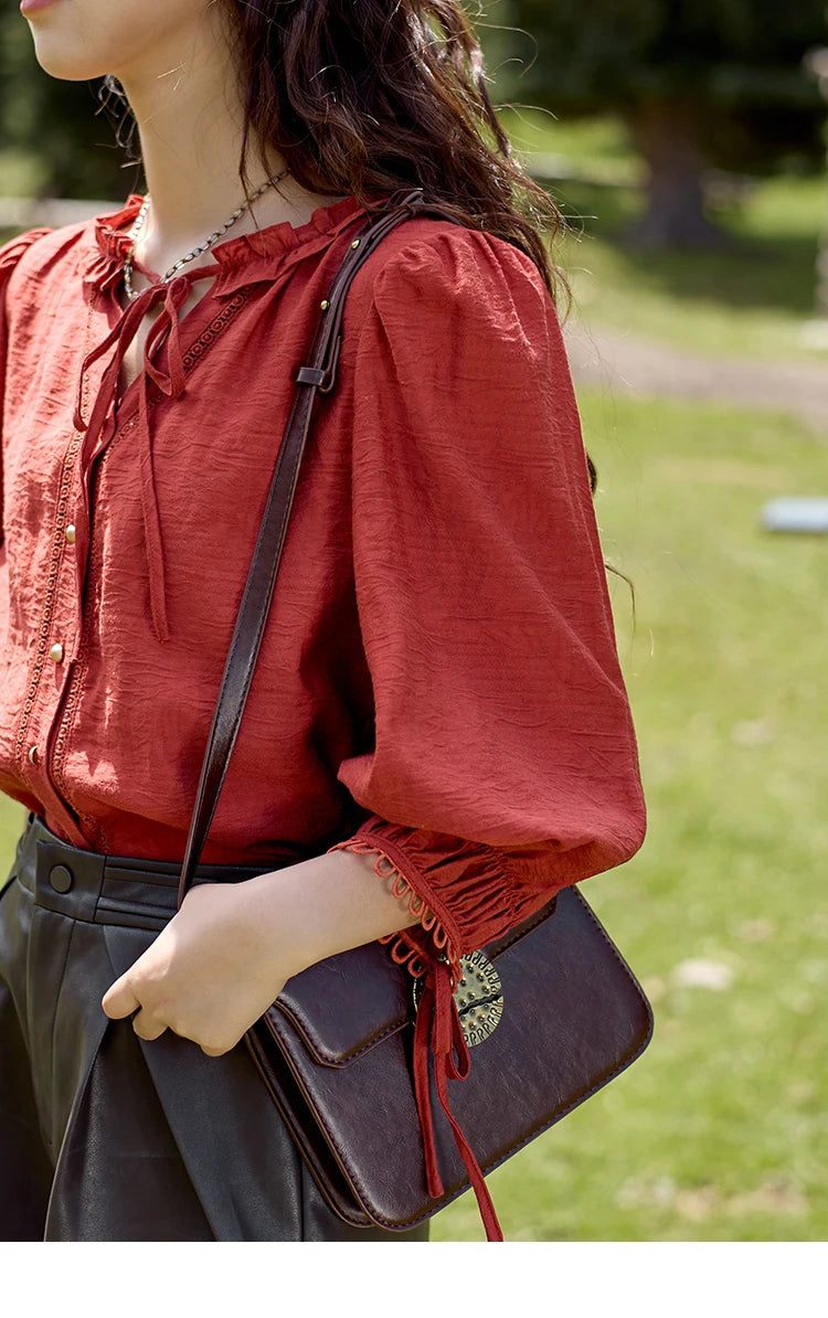 MISHOW French Retro Lace Collar Shirt for Women 2024 Autumn Bow Tie Top Lantern Sleeves Seven Quarter Sleeves Shirt MXD41X1621