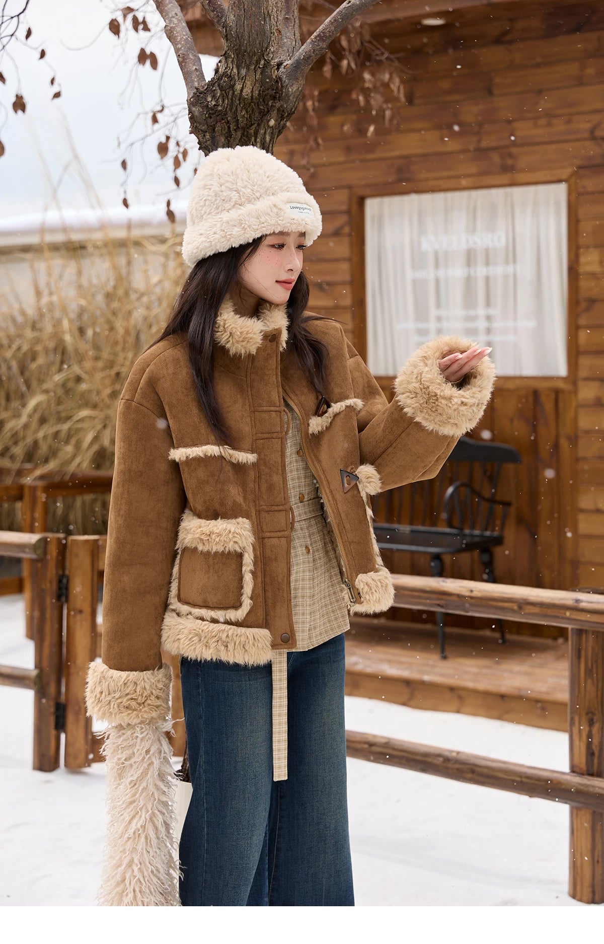 MISHOW Khaki Suede Jacket for Women 2025 Winter New Retro Stand Collar Zippered Jacket Pockets Long Sleeves Top MXE88W0886