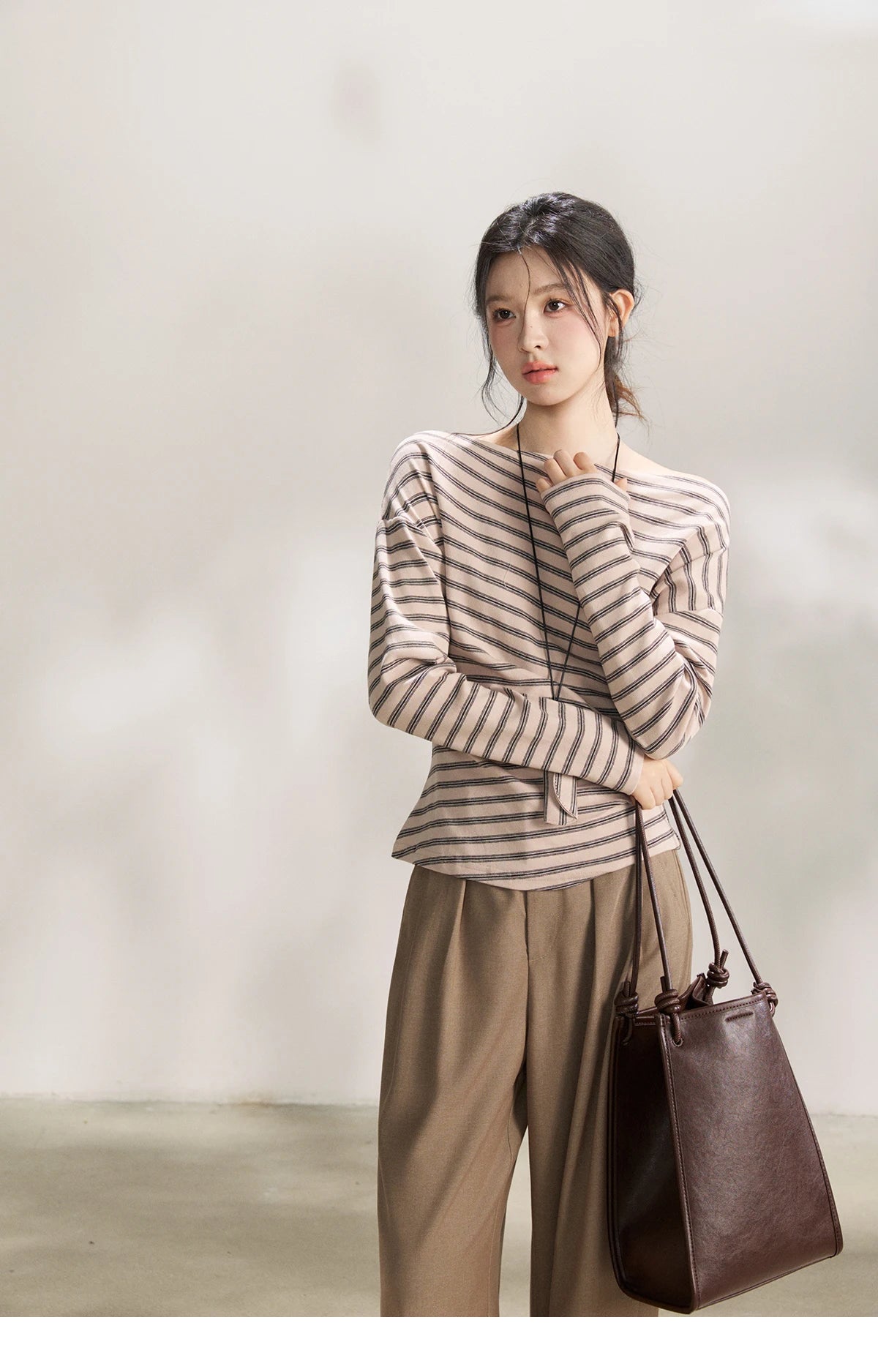 MISHOW Striped Boat Neck Long Sleeve Tops 2026 Spring Ruched Side SlimCasual Soft Breathable T-Shirt with Necklace MXF13T1514