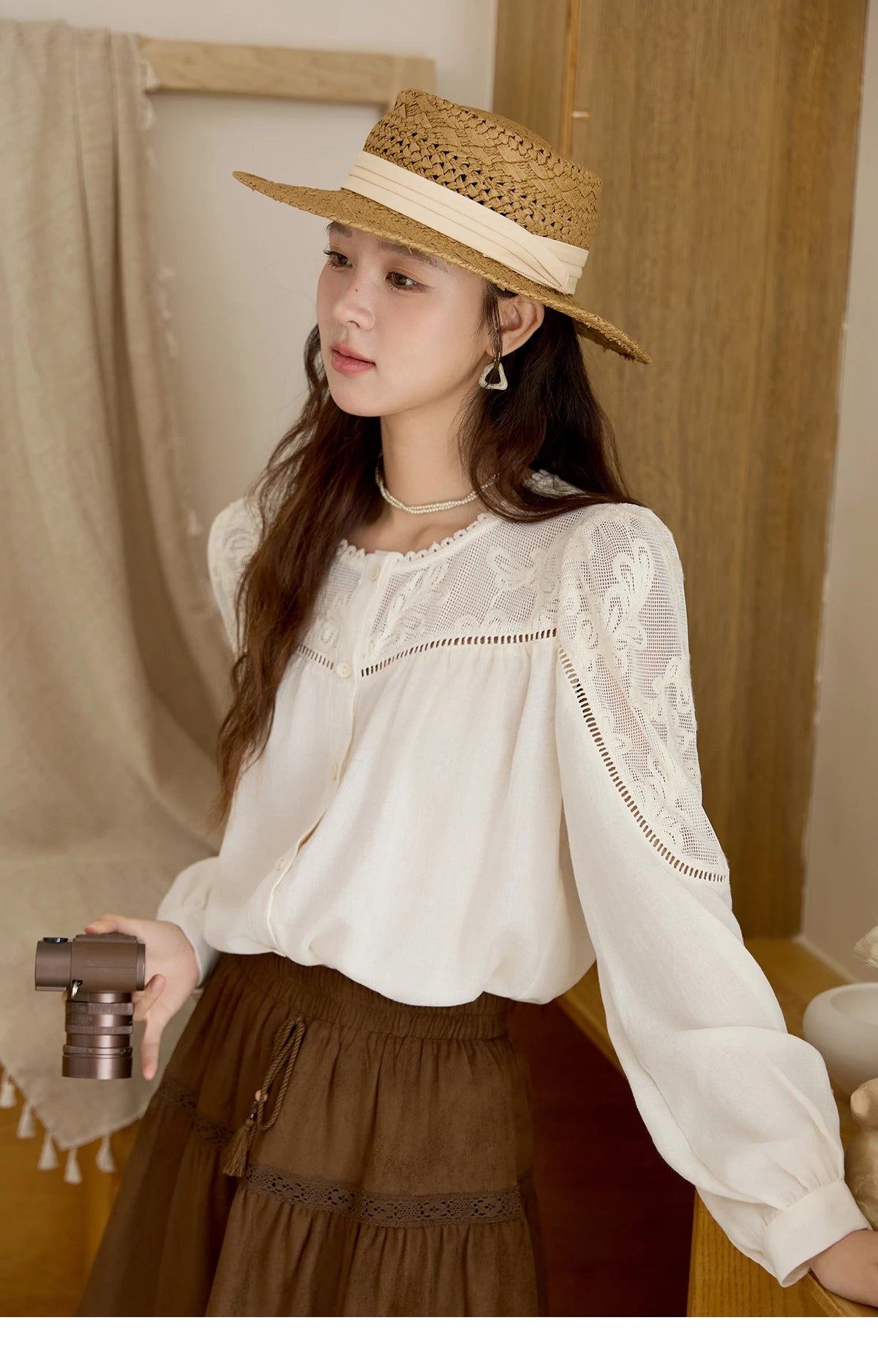 MISHOW Women's Beige Hollow Out Embroidery Shirt Autumn French Elegant Long Sleeve O-Neck Shirts Retro Commute Tops MXE44X2498