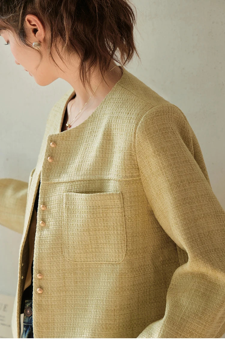 MISHOW Retro Round Neck Coats for Women Spring Autumn Pockets Loose Gold Button Single Breasted Solid Short Jackets MXC44W0072