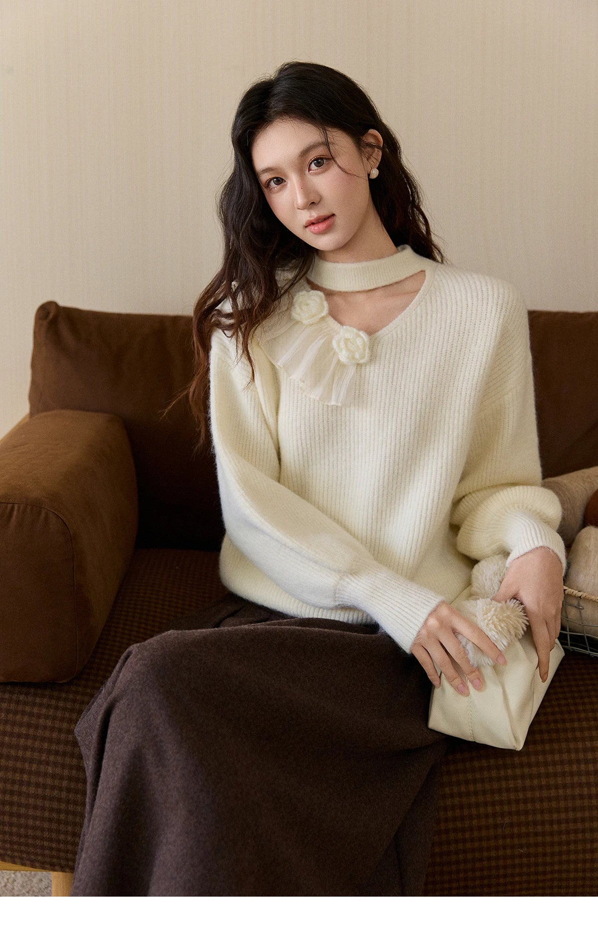 MISHOW Women's Cutout Neck Knitted Sweater 2025 Winter Ruffle Flower Decor Dropped Lantern Sleeves Pullover Tops MXE94Z2982