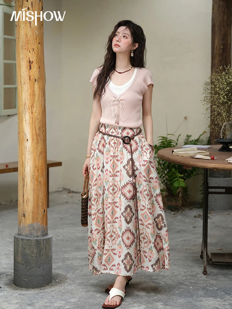 MISHOW Women's Geometric Print Half Skirt 2025 Summer Retro Prairie Chic Pocket Vacation A-line Skirt Female Clothing MXE37B0760