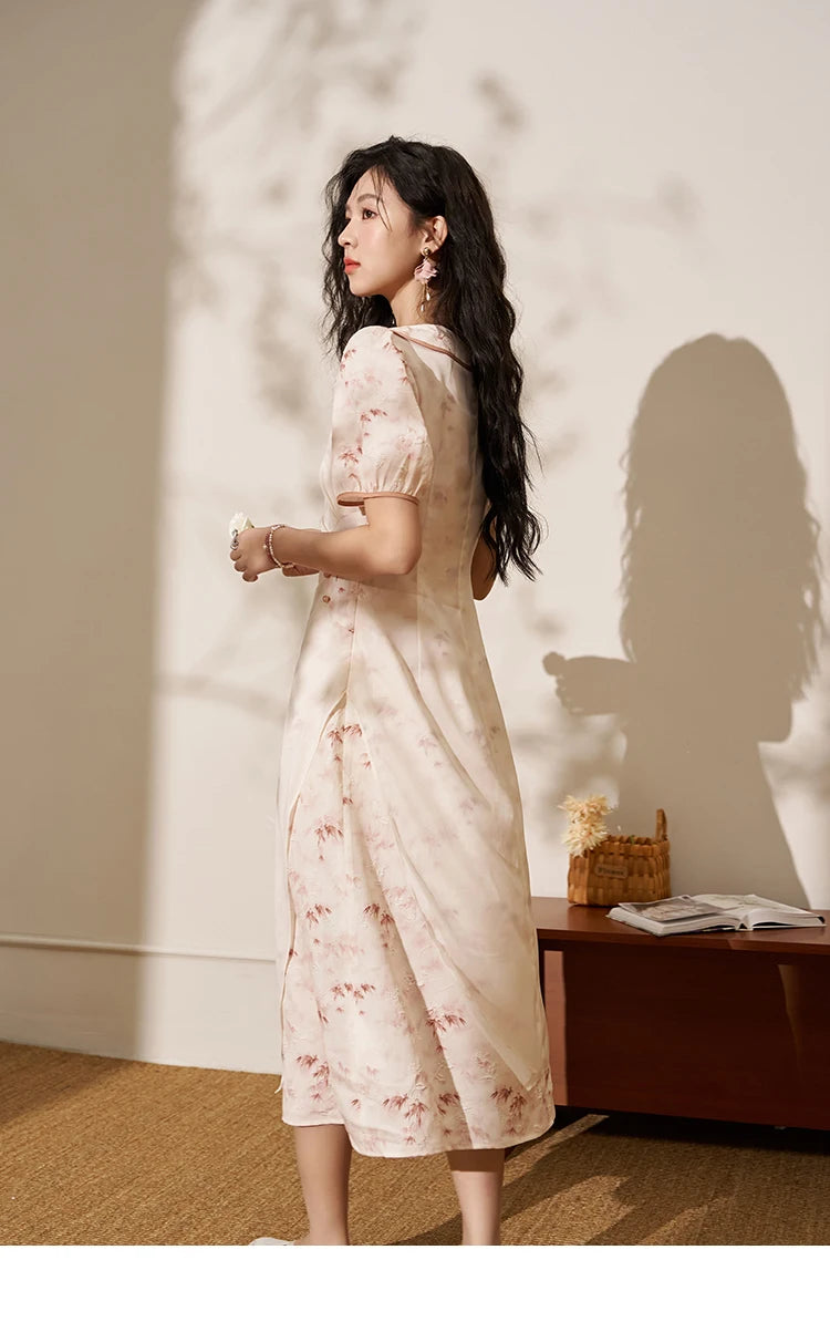 MISHOW Chinese Doll Collar Dresses 2024 Summer Improved Cheongsam Waist Pink Bamboo Printing Splicing Mesh Midi Dress MXD22L1829