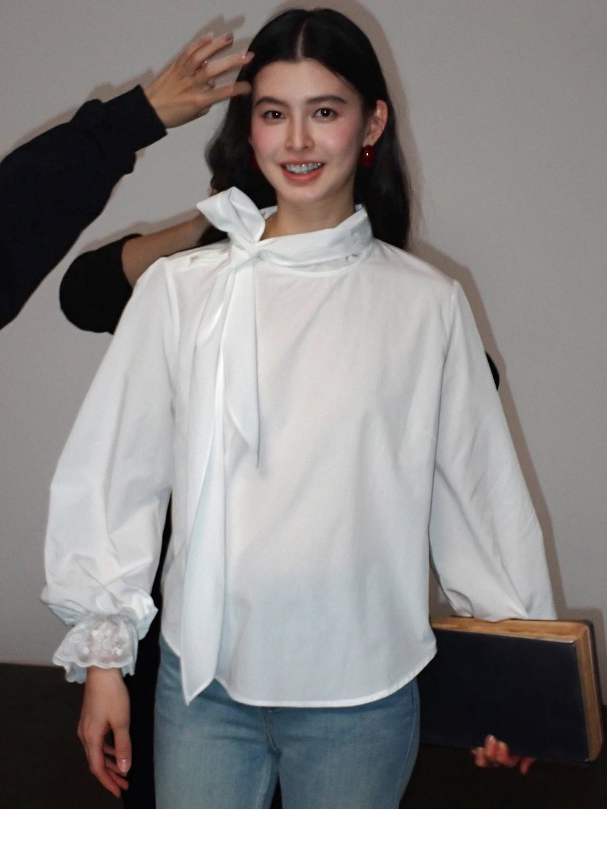 MISHOW Women's White Blouse Spring Bow Tie Neck Lantern Sleeve Patchwork Lace Blouses Casual Elegant Top Office Lady MXF108C0814