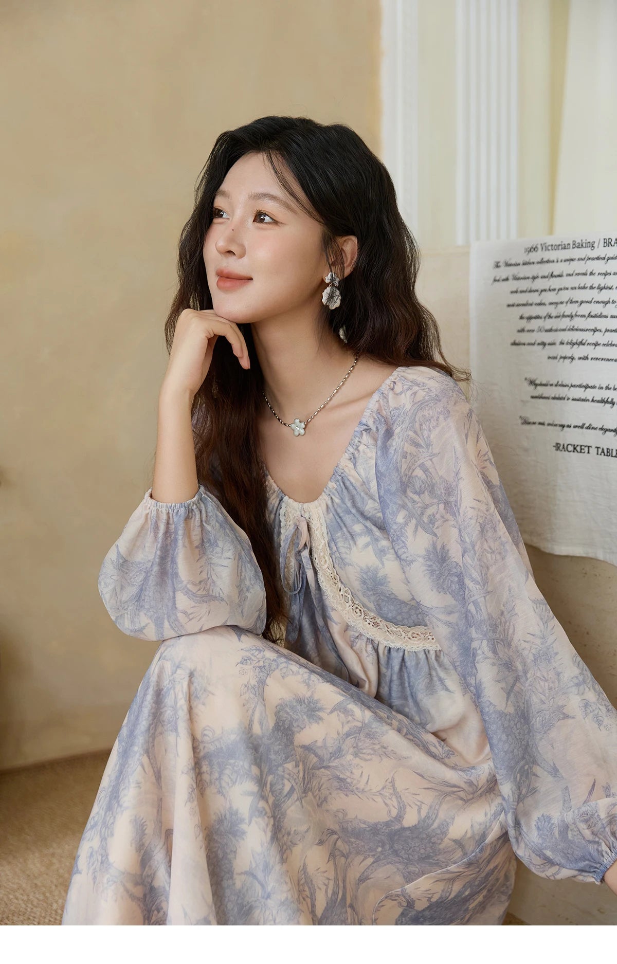 MISHOW Woman Elegant Dress 2025 Autumn Romantic Blue Floral Dress Lace Panel Drawstring A-line Long Dress Autumn MXE45L2507