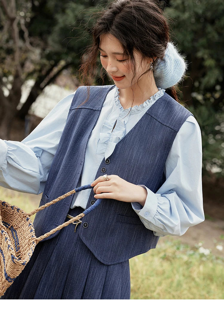 MISHOW Women's V-neck Vest Coat Pleated Skirt Set Spring 2025 Symmetric Fake Pocket Coat A-line Skirts (No with Belt) MXE31T0505