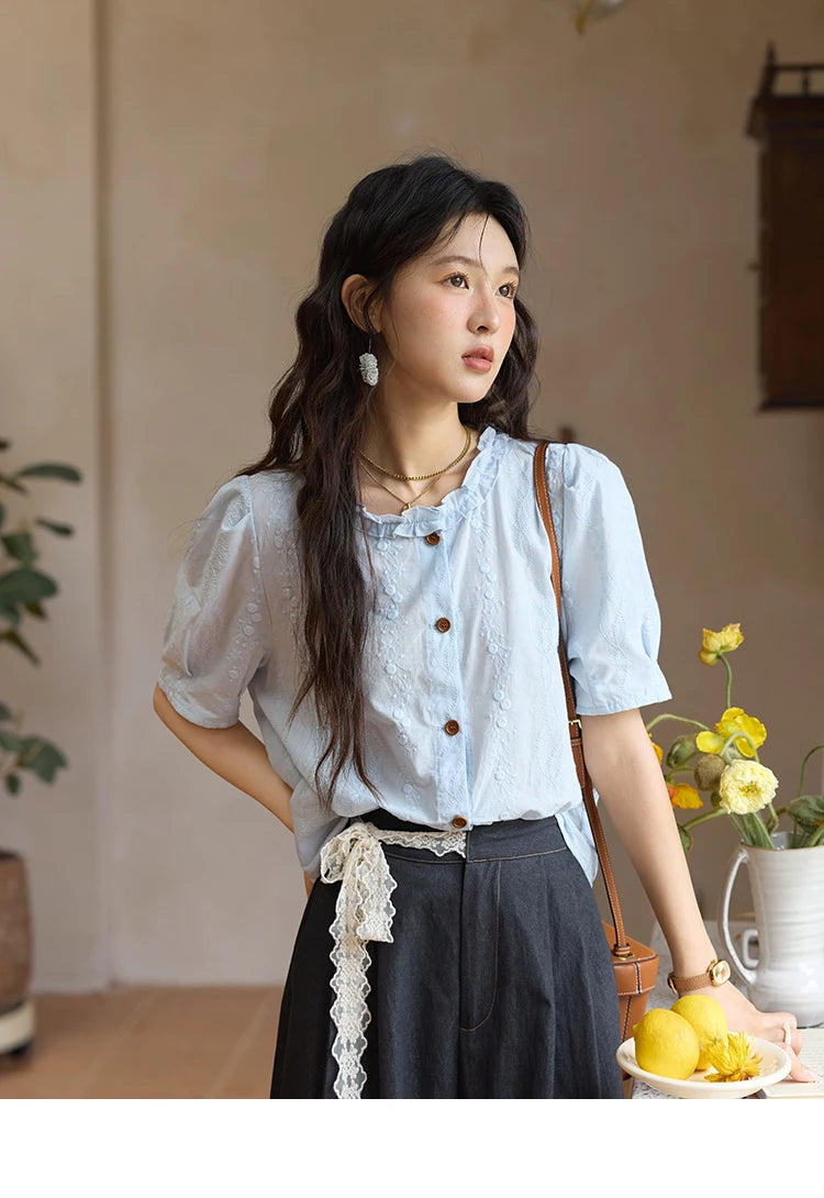MISHOW 100% Cotton Women's Puff Sleeve Shirt 2025 Summer New Fashion Round Neck Button Top Casual Female Clothing MXE36X1873