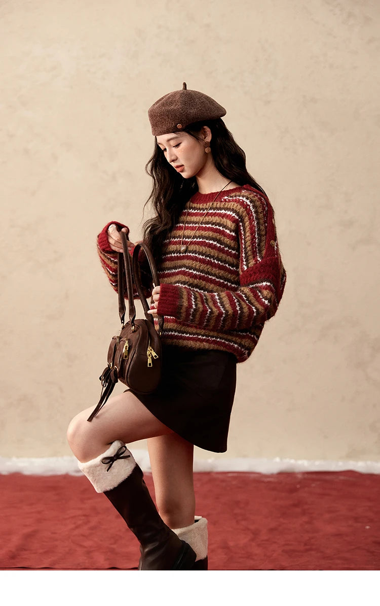 MISHOW Christmas Retro Striped Wool Blend Sweater Women Button Decoration Women Clothing Thick O-Neck Knitted Tops MXD59Z1060