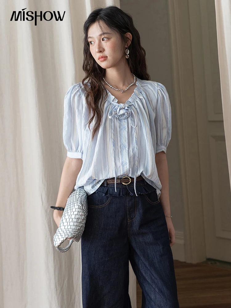 MISHOW Women's Striped Casual Shirt 2025 Summer New Lady Fashion Puff Sleeve V-Neck Button Blue Shirt Female Clothing MXE36X1870