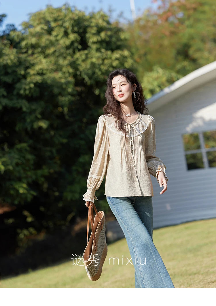 MISHOW Women's Floral Round Neck Shirts 2025 Spring Ruffled Collar Commuting Top Sweet Petal Sleeve Lace-up Shirts MXE14X1729