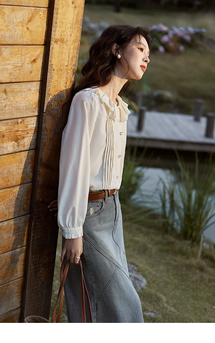 MISHOW French Tucker Pleats Doll Neck Shirt for Women 2025 Spring Straight Shirt Ruffled O Neck Shirts Office Lady MXE12C0401