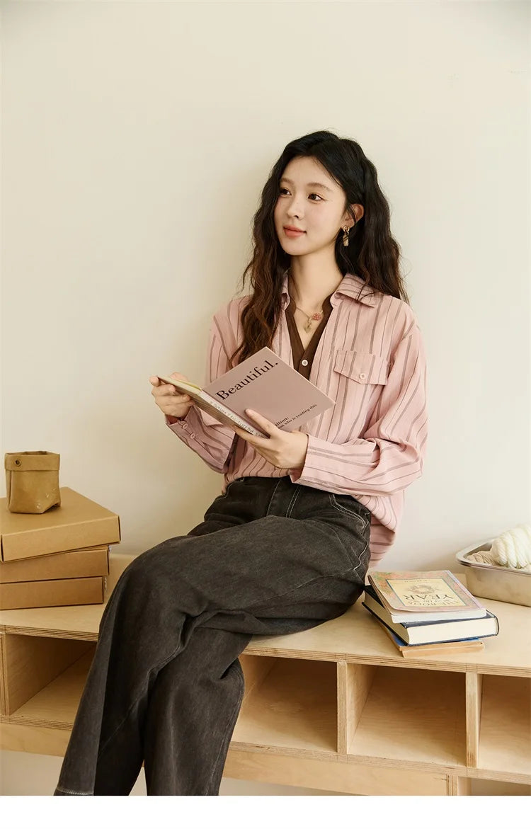 MISHOW Peach Skin Velvet Stripe Shirt for Women Autumn 2025 Double Layered Collar Contrasting Color Shirt Commute Top MXE47C2408
