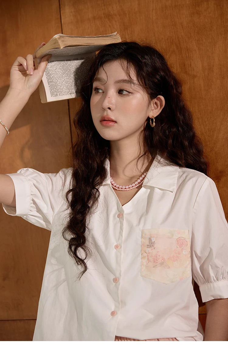 MISHOW Women's 100 Cotton Short Sleeved Shirt Loose 2025 Summer Embroidered Pocket Top Polo Neck Puff Sleeve Shirts MXD26C0243