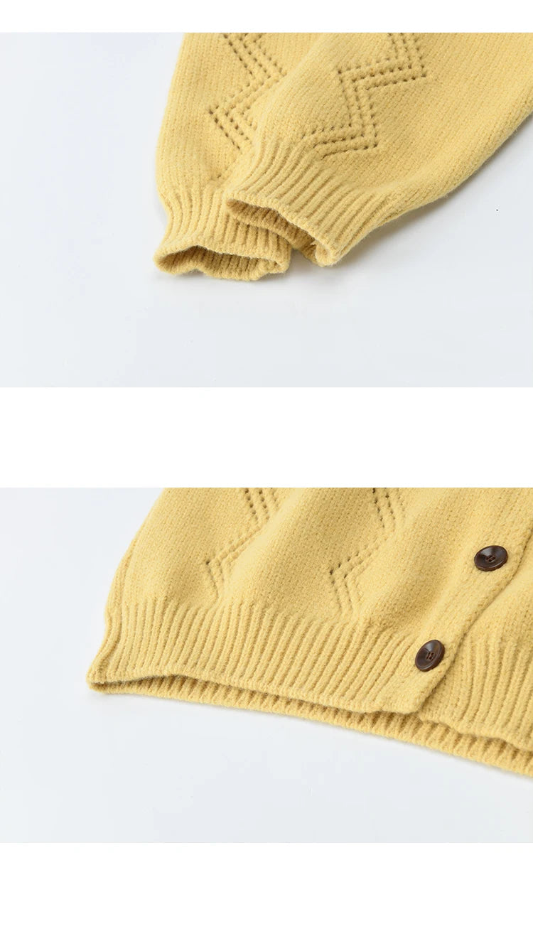 MISHOW Women's Hollow Pattern Knitted Cardigan 2025 Winter Yellow Lapel Single Breasted Sweater Loose Pullover Tops MXE94Z2961