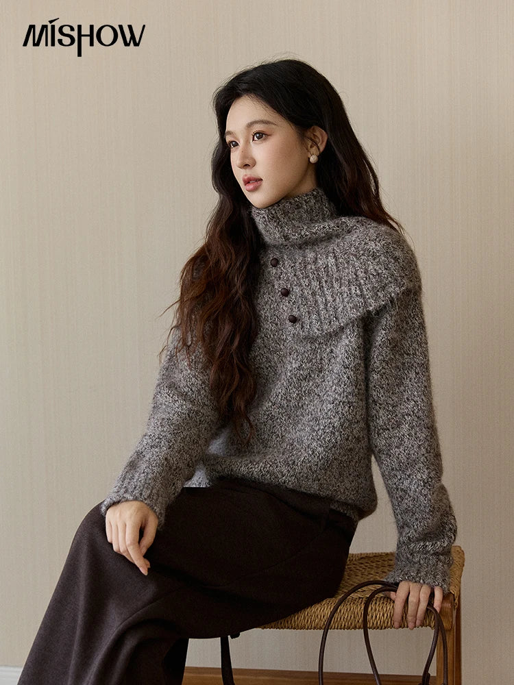 MISHOW Women's Gray Knit Sweater with Neckwear Scarf 2025 Winter Textured Button Decor Loose Warm Pullover Sweater MXE94Z2978