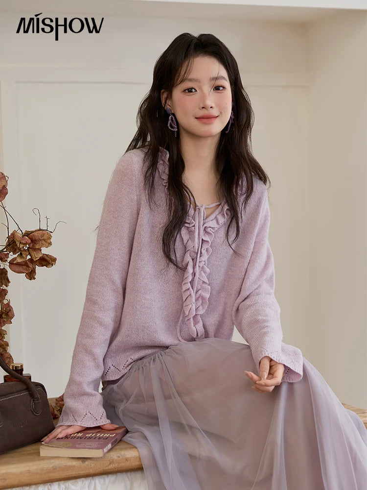 MISHOW Women Long Sleeve Tees 2025 Autumn New V-neck Wood Ear Hollow Out Knitted Sweater Women's Beige Wool Top MXE51Z2595