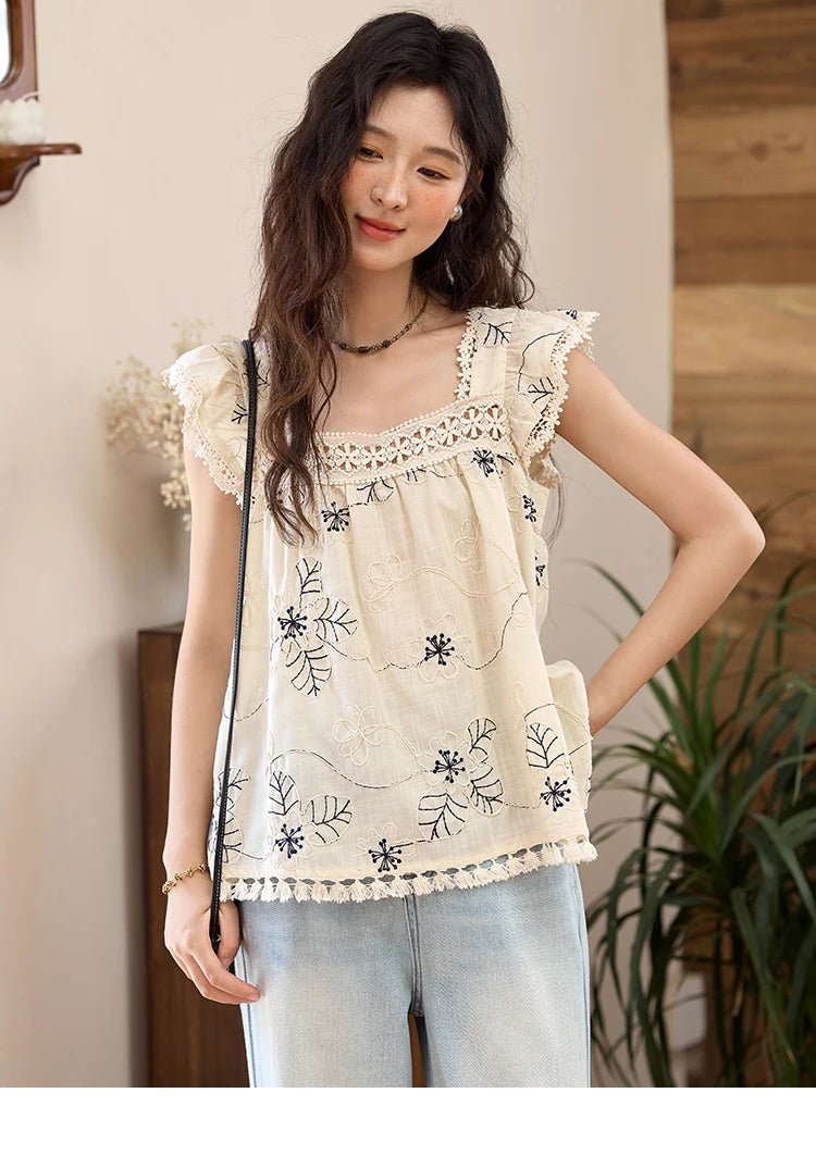 MISHOW Square Collar Embroidered Doll Blouses for Women Summer 2025 Flying Sleeve Patchwork Lace Tassels Retro Tops MXE35X1839