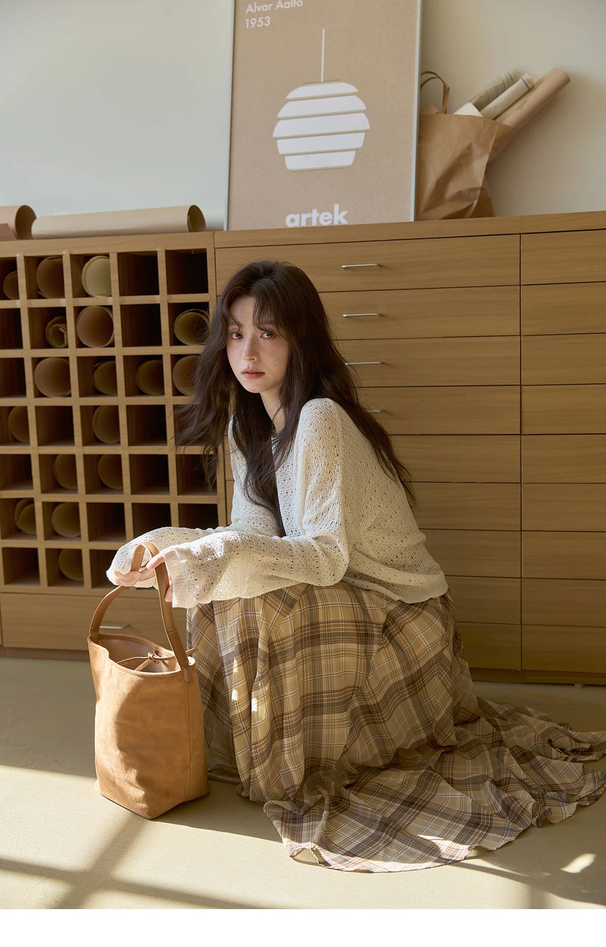 MISHOW Coffee Plaid Skirt 2025 Autumn Asymmetrical Hem Skirts Female Retro Side Zipper Commuting A-line Midi Skirt MXE42B2377