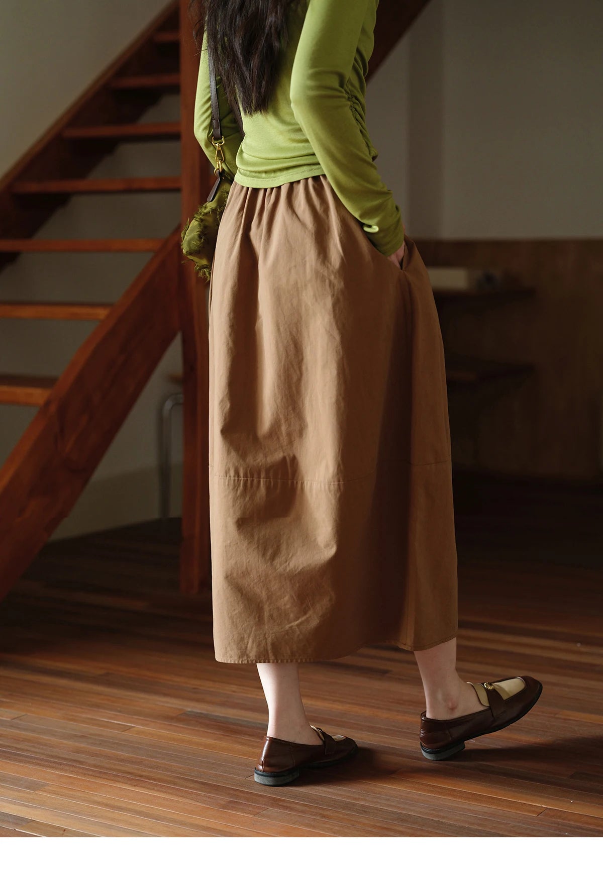 MISHOW Autumn Brown Cotton Bud Skirt 2025 Autumn Elastic Drawstring High Waist Slim A-line Casual Skirt with Pocket MXE41B2367