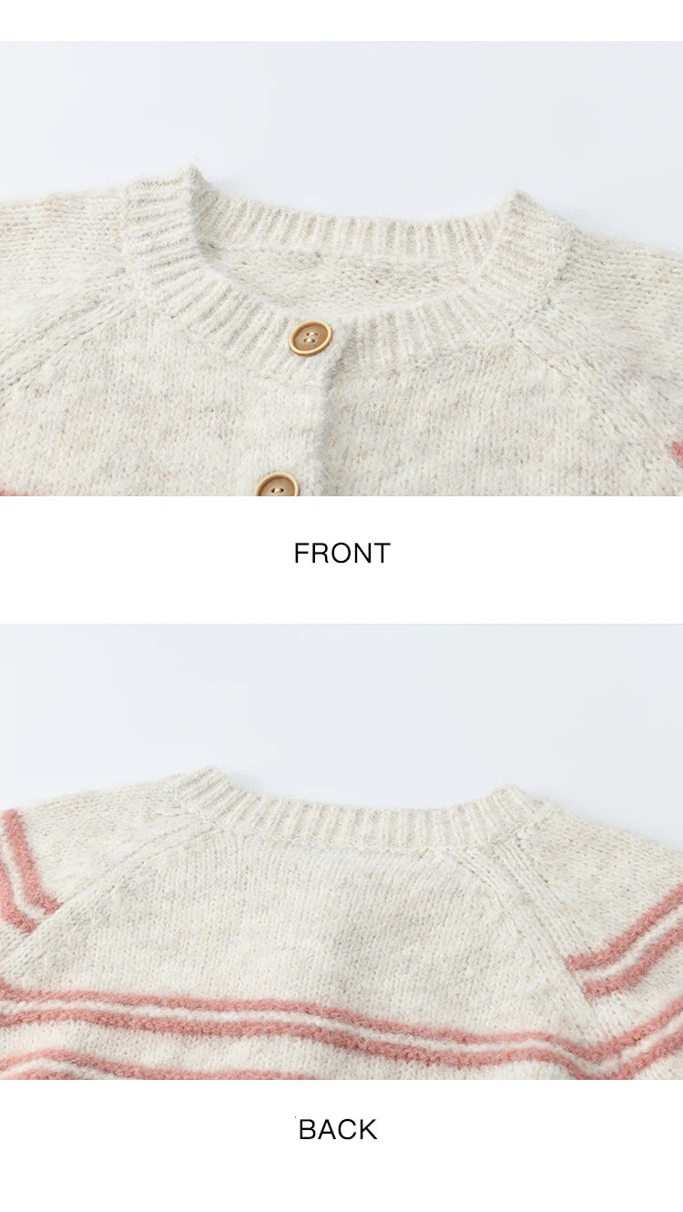 MISHOW Women's Pink Striped Cardigan 2025 Autumn Winter French Style Round Neck Wool Blended Sweater Loose Casual Top MXE49Z2615