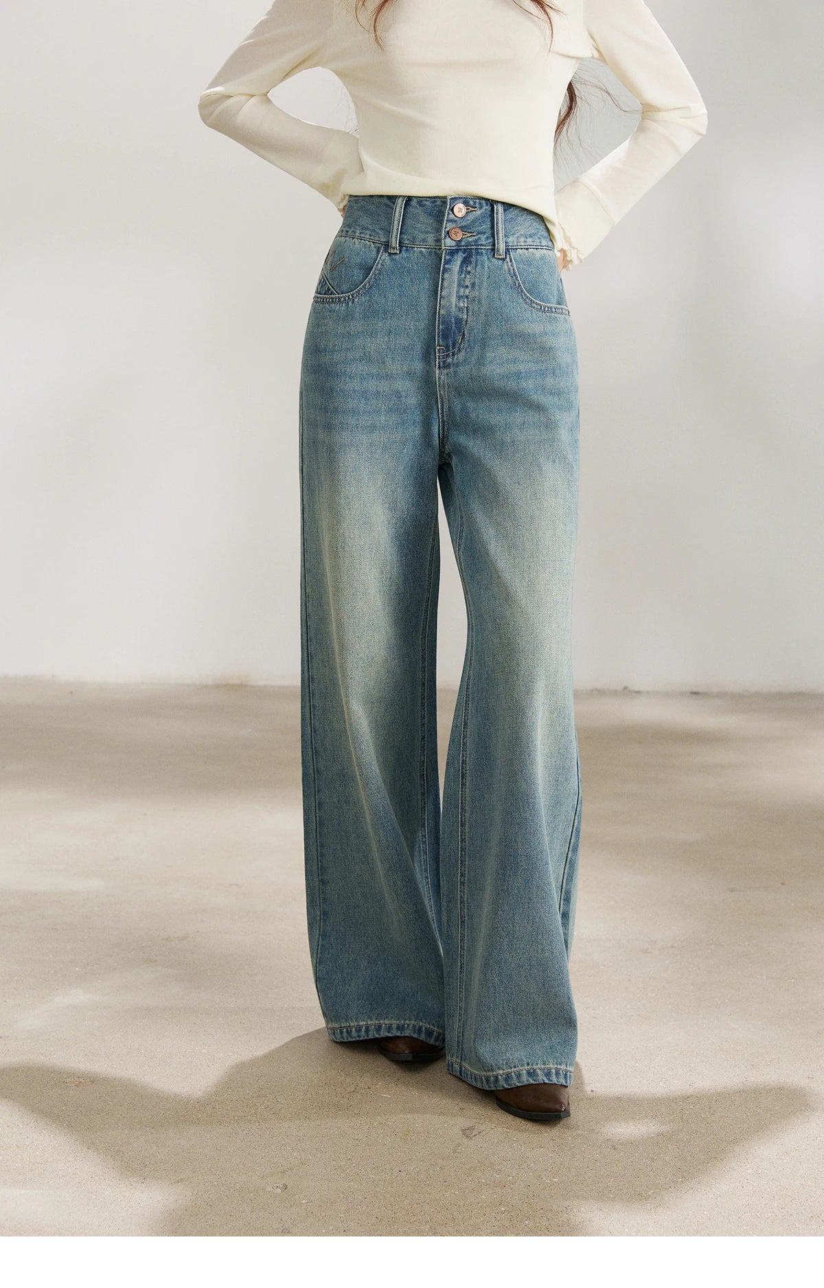 MISHOW Women's Vintage Blue Wide Leg Jeans Spring High Waist Cotton Pants Two-button Loose Casual Denim Trousers MXF108K1005