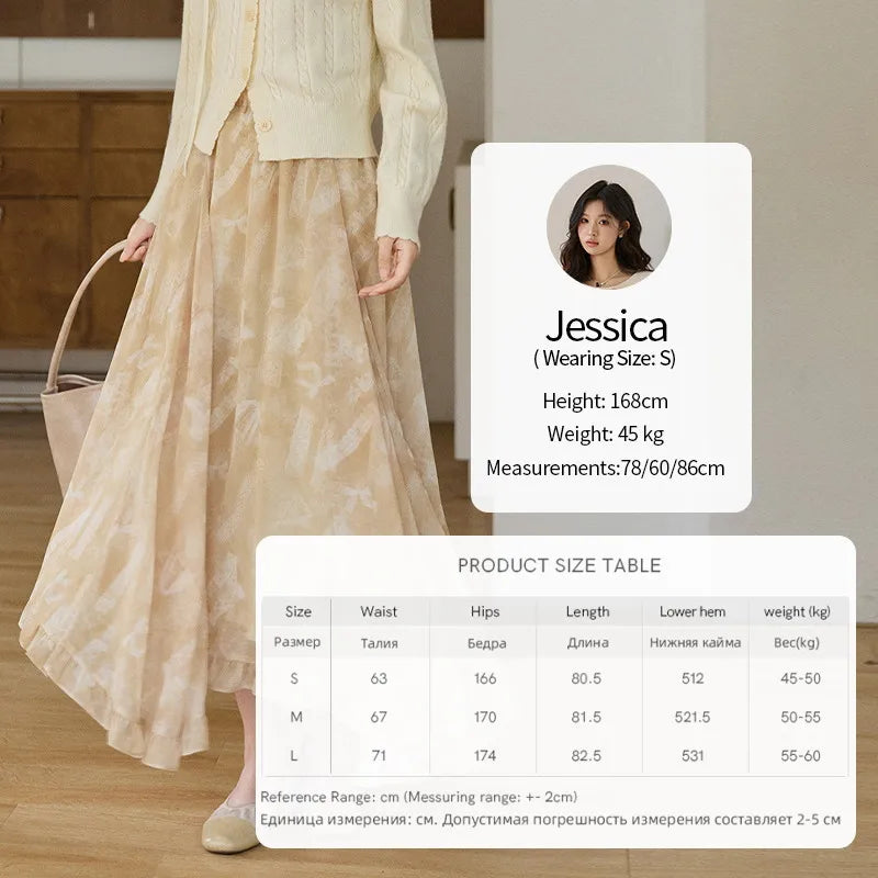 MISHOW Women's Beige Chiffon Maxi Skirt 2026 Spring Floral Print High Waist Ruffled Asymmetrical Casual Long Skirts MXF11B2463