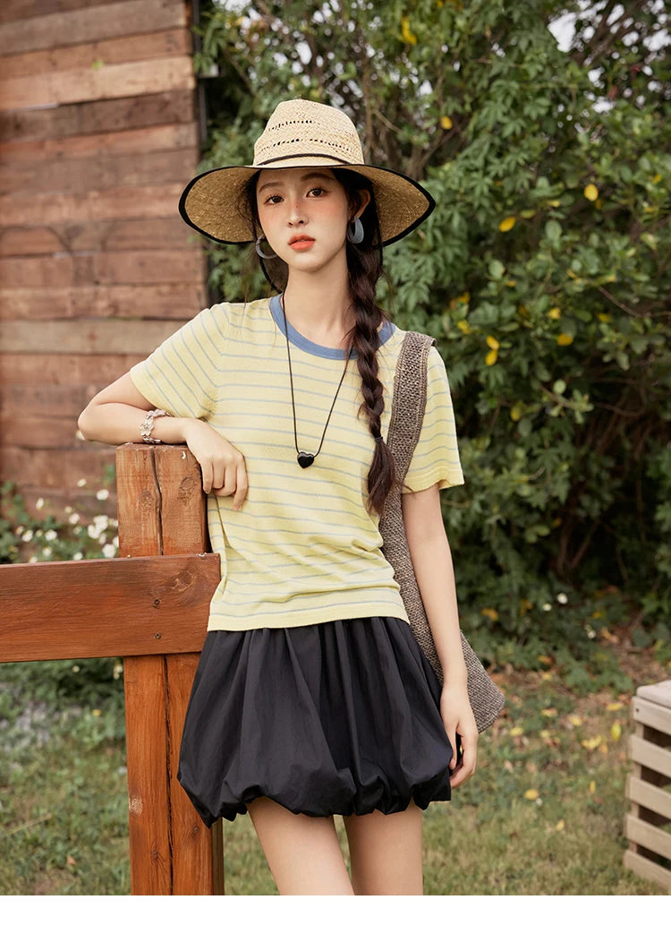 MISHOW Striped Knitted T-shirt for Women Summer 2025 Color Contrasting Round Neck Tees Wool Blended Slim Casual Top MXE35Z1270