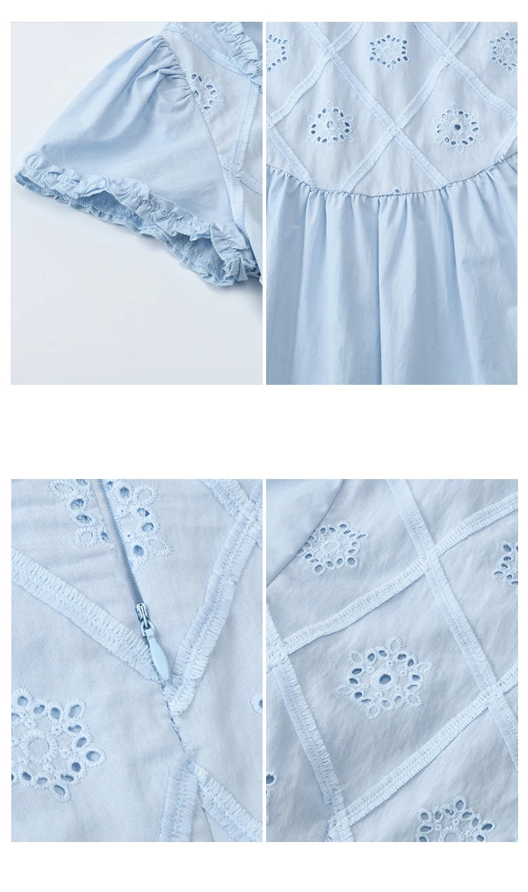 Mishow Blue Lace Mushroom Edge Puff Sleeve Dress MXE38L2348