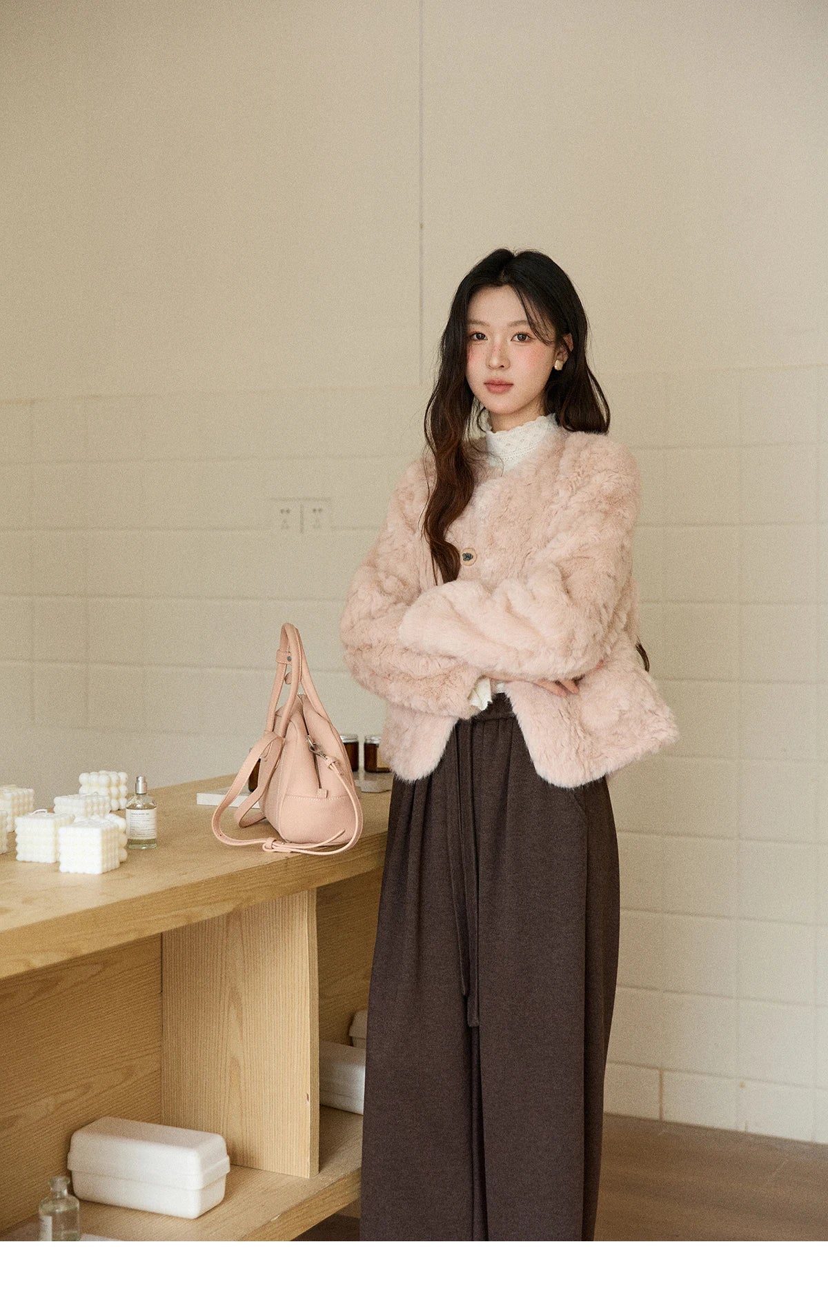 MISHOW Women's Winter Jacket 2025 Sweet Pink Faux Rabbit Fur Coat with Pockets Handcrafted Vintage Buttons Outerwear MXE87W0990