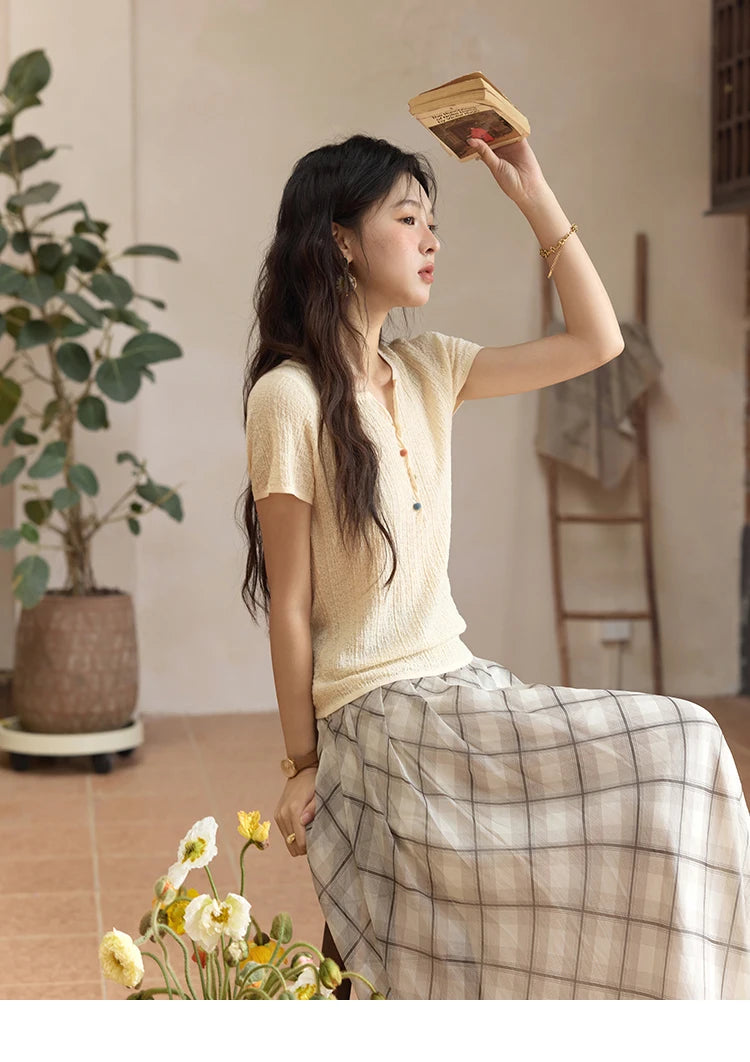 MISHOW Apricot Green Retro Plaid Skirt for Women Summer 2025 Pleated Chiffon High Waist Elegant Slim A-line Skirts MXE35B0747